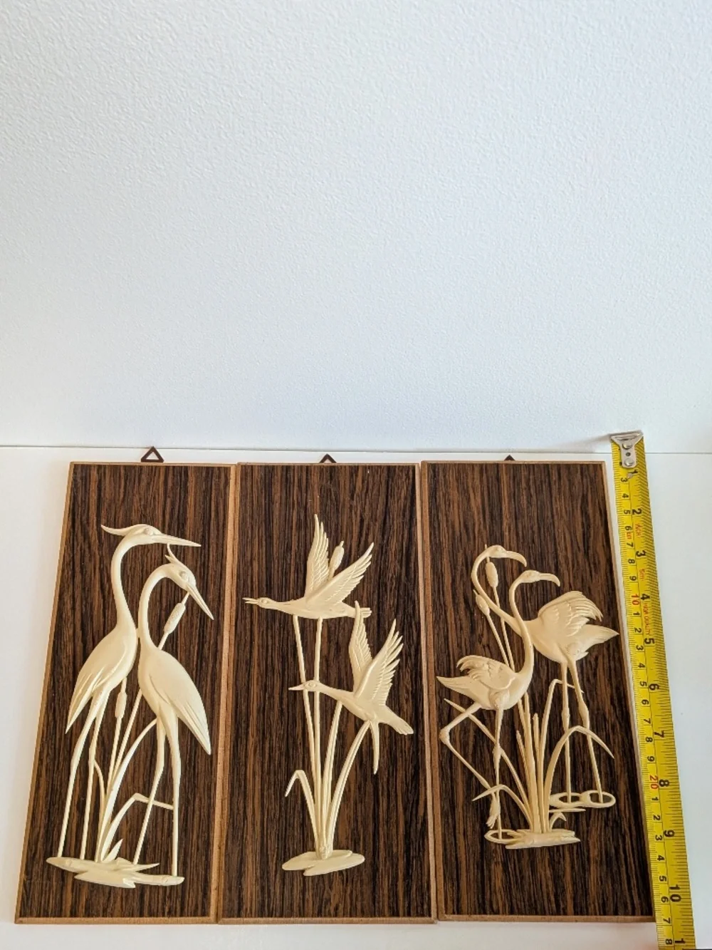 Vintage Bakelite carved Water Fowl on wood Wall Plaques  Set Of 3 Heron Geese